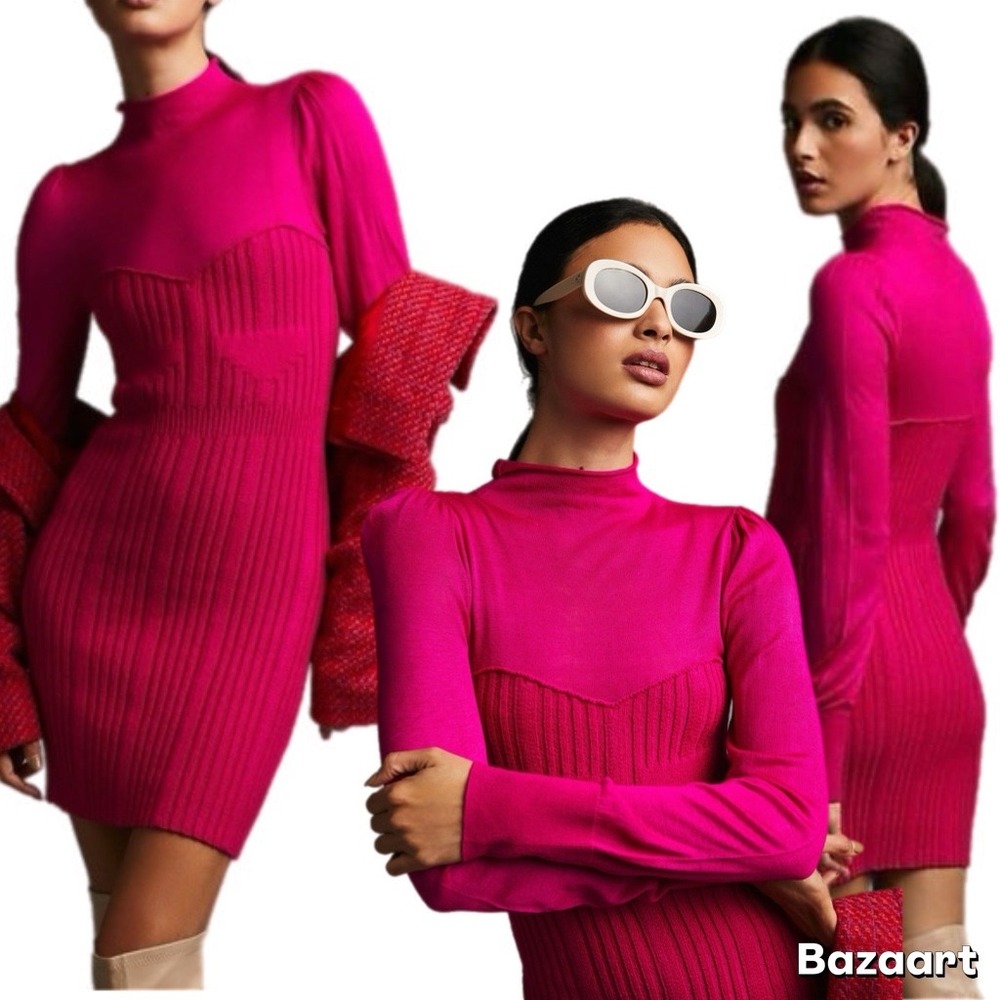 NWT Anthropologie Mini Pink Knit Sweater Dress Long Sleeve Mesh Top‎ sweetheart